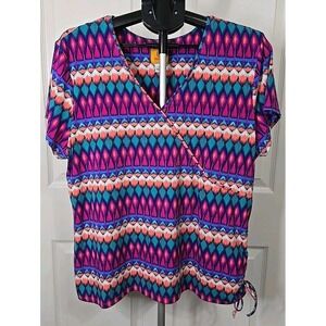 Ruby Rd. Women's XL Faux Wrap Blouse Geometric Pattern Side Tie Short Sleeve
